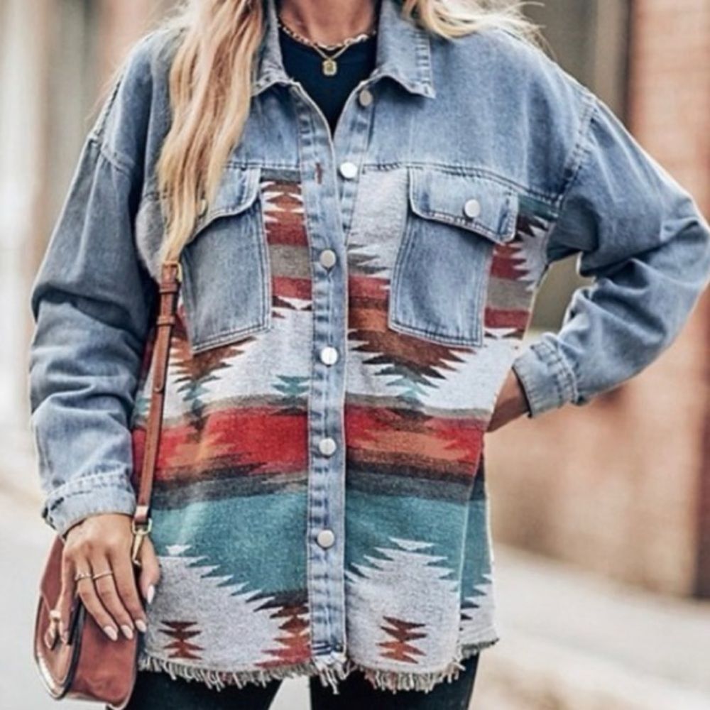 Denim Southwest Colorful Blanket Weave Navaho Jacket Oversize Aztec XL chouyatou